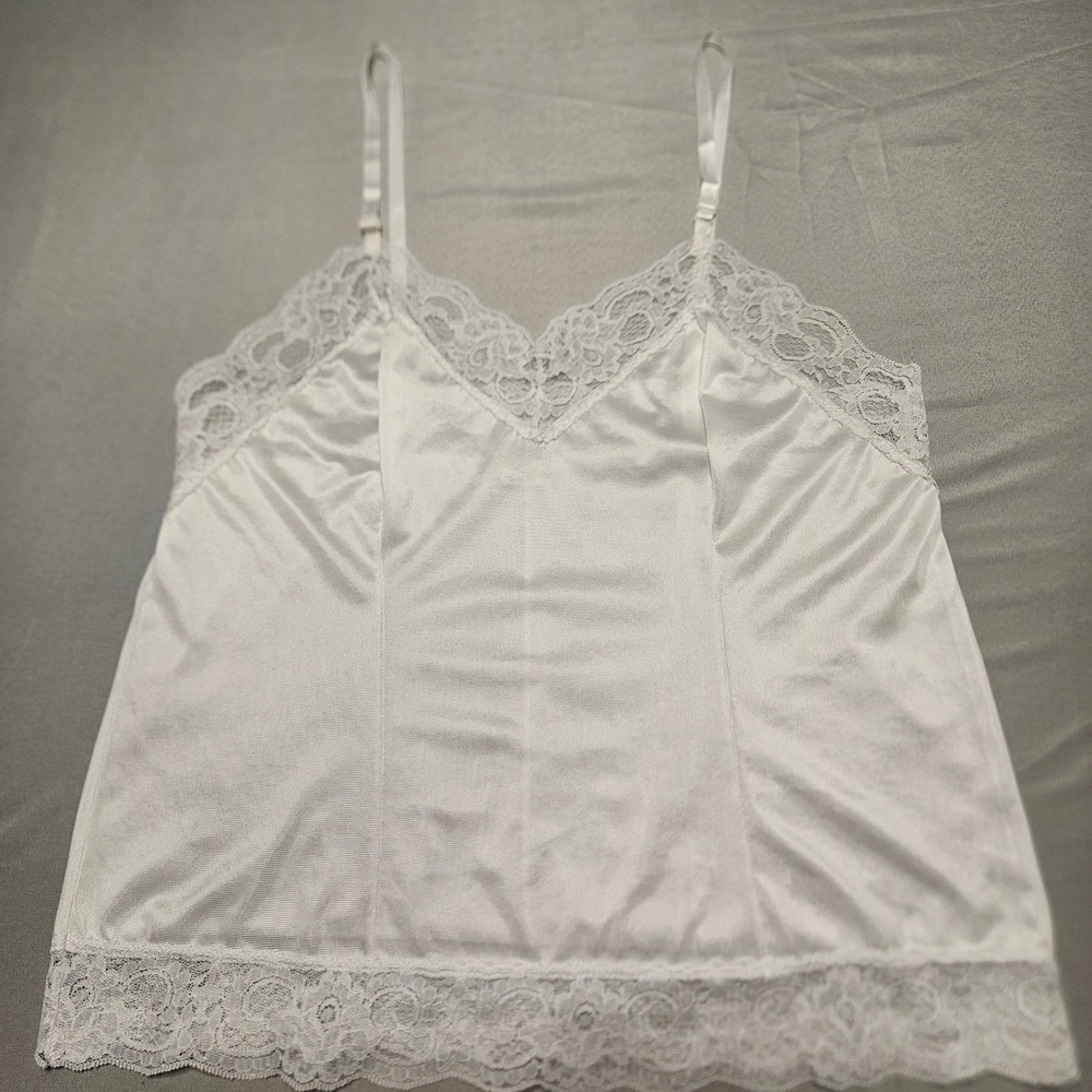 Vintage Camisole Womens 38 Ivory Lace Trim Antron III Nylon Made in USA 5053